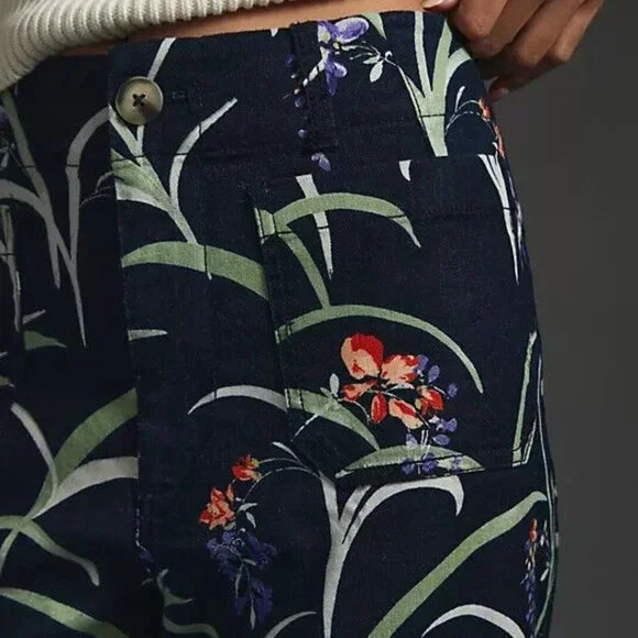 Anthropologie Maeve 27 NWT The Colette Cropped Wide-Leg Pants Dark Blue Floral